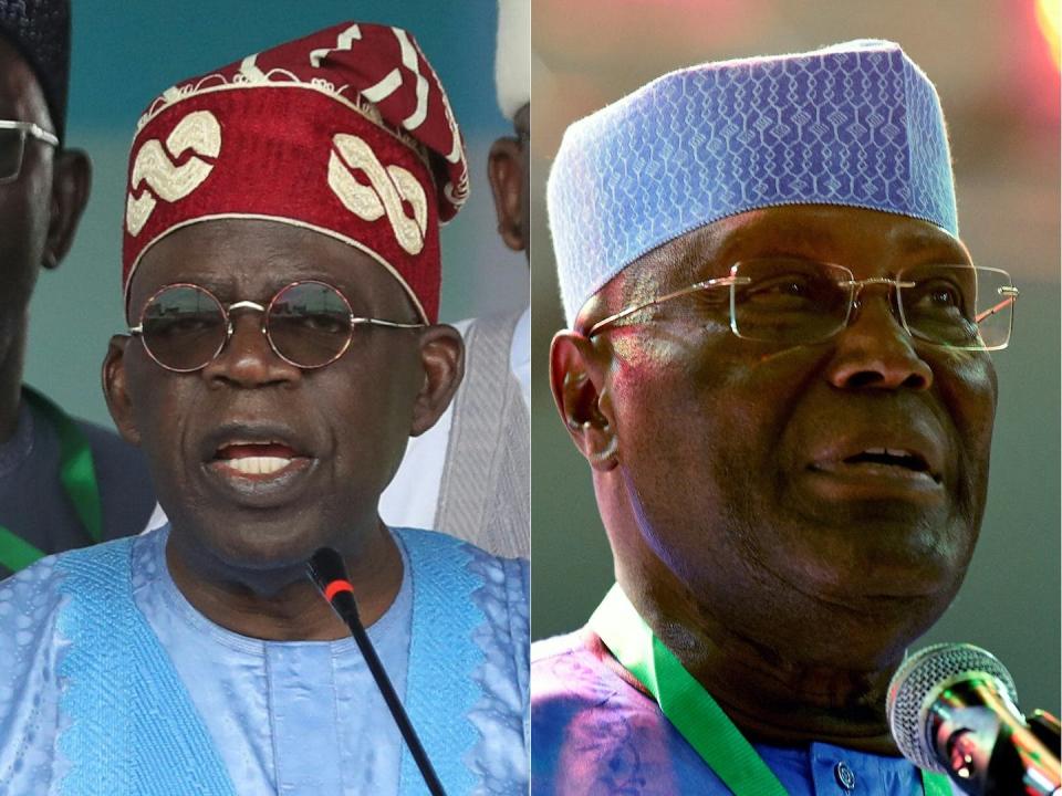 The two leading candidates are Bola Tinubu, left, of Nigeria’s ruling All Progressive Congress party, and former vice president Atiku Abubakar, of the opposition Peoples Democratic Party. <a href="https://www.gettyimages.com/detail/news-photo/this-combination-of-file-pictures-created-on-june-10-2022-news-photo/1241215339" rel="nofollow noopener" target="_blank" data-ylk="slk:Kola Sulaimon and Pius Utomi Ekpei/AFP via Getty Images;elm:context_link;itc:0;sec:content-canvas" class="link ">Kola Sulaimon and Pius Utomi Ekpei/AFP via Getty Images</a>