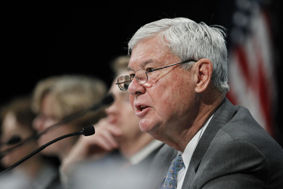 FILE - Sen. Bob Graham, right, speaks during the National Commission on the BP Deepwater Horizon Spill and Offshore Drilling meeting on Sept. 27, 2010, in Washington. The former Florida Sen. Graham, who chaired the Intelligence Committee following the 2001 terrorist attacks and opposed the Iraq invasion, has died, according to an announcement by his family Tuesday, April 16, 2024. (AP Photo/Manuel Balce Ceneta, File)