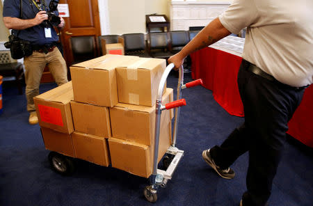 The White House Fiscal Year 2018 budget arrives at the House Budget Committee on Capitol Hill in Washington, U.S., May 23, 2017. REUTERS/Joshua Roberts
