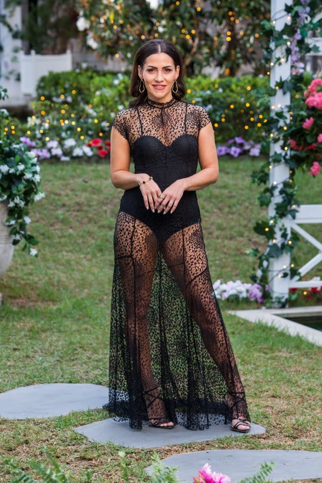 Georgie Powell in black dress on The Bachelor