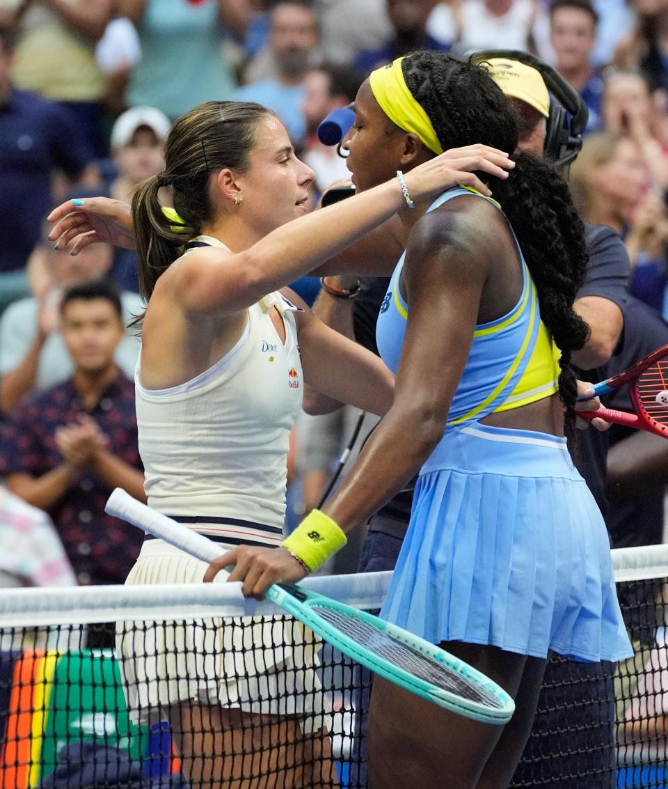 Sep 1, 2024; Flushing, NY, USA; Emma Navarro (USA) after beating Coco Gauff (USA) on day seven of the 2024 U.S. Open tennis tournament at USTA Billie Jean King National Tennis Center. Mandatory Credit: Robert Deutsch-USA TODAY Sports