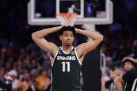Michigan State guard A.J. Hoggard walks off the court after the team lost to Kansas State in overtime of a Sweet 16 college basketball game in the East Regional of the NCAA tournament at Madison Square Garden, Thursday, March 23, 2023, in New York. (AP Photo/Adam Hunger)