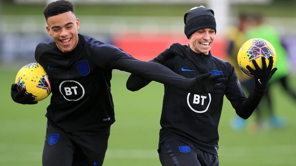 Mason Greenwood and Phil Foden, pictured here during an England training session.