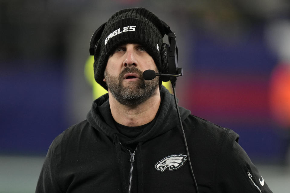 Philadelphia Eagles head coach Nick Sirianni watches play from the sidelines during the second quarter of an NFL football game against the New York Giants, Sunday, Jan. 7, 2024, in East Rutherford, N.J. (AP Photo/Seth Wenig)