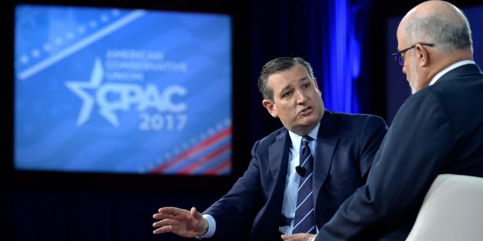 US Senator Ted Cruz (L) speaks with commentator Mark Levin during a discussion of the Constitution during the Conservative Political Action Conference (CPAC) at National Harbor, Maryland, February 23, 2017.