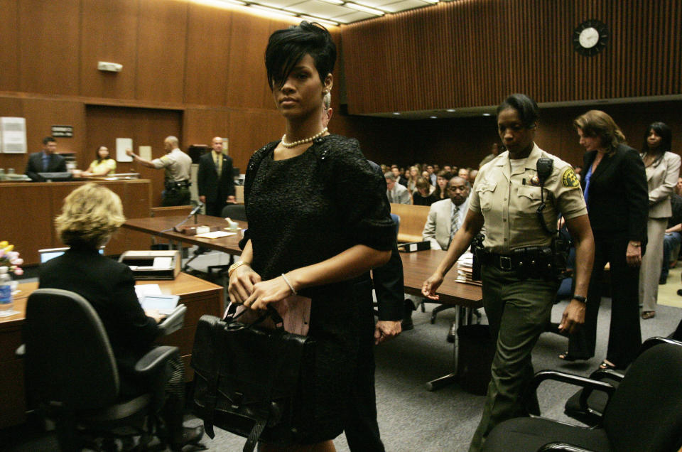 Rihanna inside the Los Angeles Superior Court during the hearing in the Chris Brown felony assault case, on June 22, 2009. The incident shocked the music world and left Rihanna nursing cuts and bruises to her face, forcing her to cancel a scheduled performance at the Grammys in Los Angeles later that day.