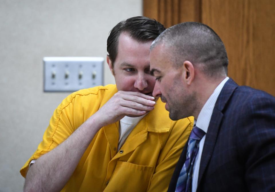 Robert Rodway of St. Johns, left, confers with his attorney Matt Newberg, on Wednesday, March 22, 2023, during the second day of a preliminary hearing in Clinton County District Court. Rodway and Thomas Olson of Grand Blanc Township have both been charged in the November 2018 killing of hunter Chong Yang at Bath Township's Rose Lake State Game Area in Bath Township.
