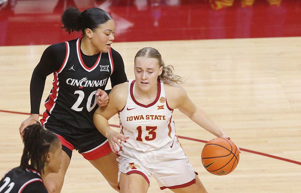 Iowa State guard Hannah Belanger (13) had 17 points in the big senior day win over the Bearcats on Saturday.
