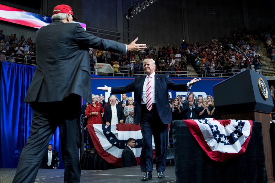 President Donald Trump prepares to embrace Sen. Luther Strange at a Sept. 22 rally in Huntsville, Alabama.&nbsp; (Photo: BRENDAN SMIALOWSKI via Getty Images)