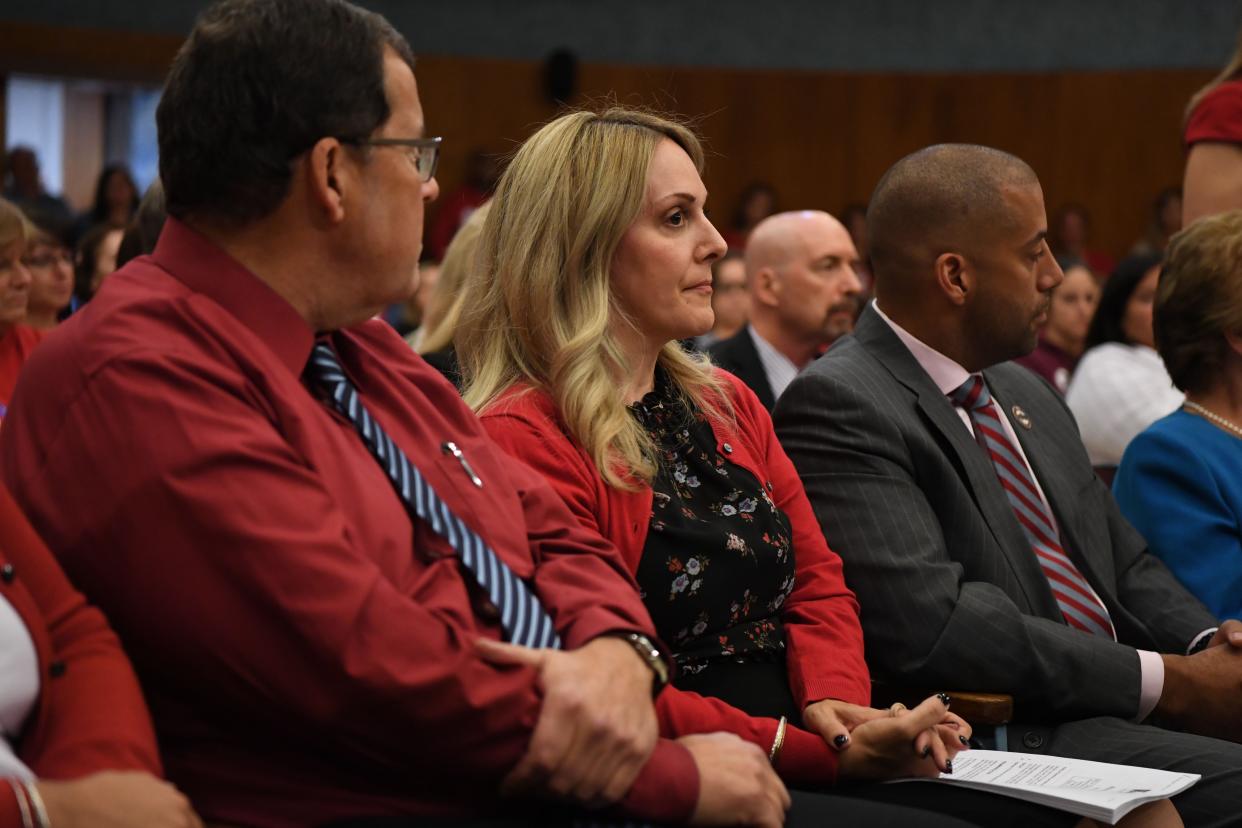 Eda Ferrante, center, president of the Wayne Education Association, was in a dispute with the Board of Education over her full-time release from teaching.