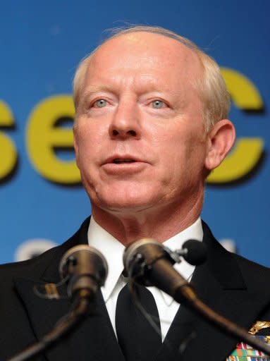 This file photo shows Admiral Robert Willard delivering a speech during defense meeting in Seoul, in 2010. Willard on Tuesday acknowledged that Washington has linked food aid for North Korea to progress on military issues, saying the impoverished communist state needs to halt its nuclear program