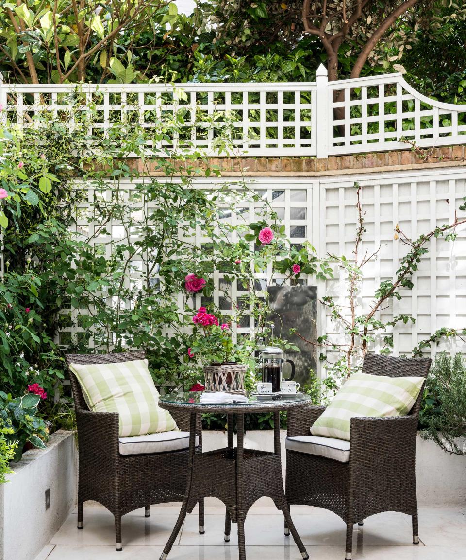 garden trellis and dining area