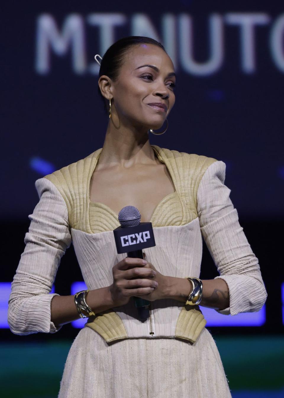 sao paulo, brazil   december 01 zoe saldana speaks during a panel of avatar for disney at the thunder stage during comic con experience, aka ccxp22, on december 1, 2022 in sao paulo, brazil photo by alexandre schneidergetty images for disney