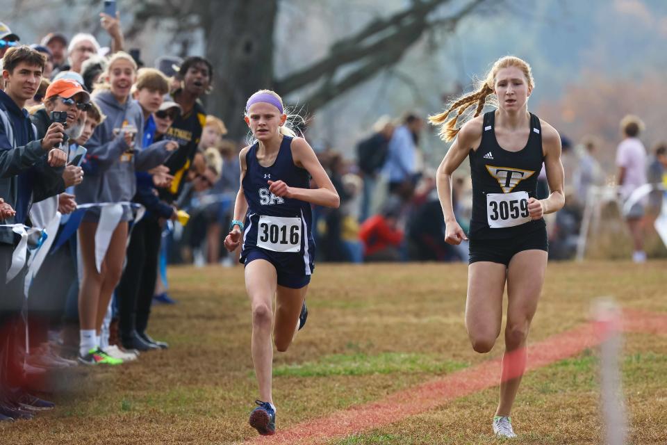 Paige Ballinger of Sussex Academy finishes the girls division II race at the DIAA Cross Country Championships Saturday, Nov. 11, 2023; at Brandywine Creek State Park in Wilmington, DE.