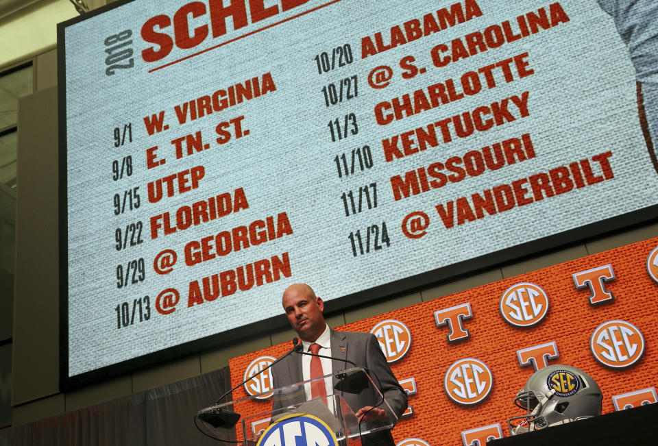 Tennessee NCAA college football head coach Jeremy Pruitt speaks during Southeastern Conference Media Days Wednesday, July 18, 2018, in Atlanta. (AP)