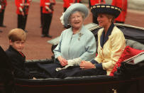 <p>The Queen Mother with Princess Diana and Prince Harry during the carriage procession. (PA Images)</p> 