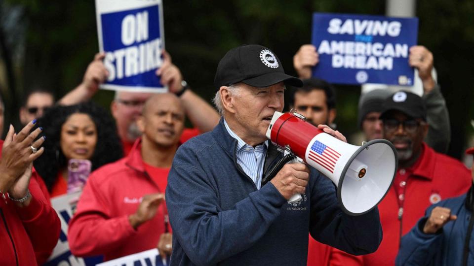 PHOTO: President Joe Biden addresses striking members of the United Auto Workers (UAW) union at a picket line outside a General Motors Service Parts Operations plant in Belleville, Michigan, on September 26, 2023. (Jim Watson/AFP via Getty Images, FILE)
