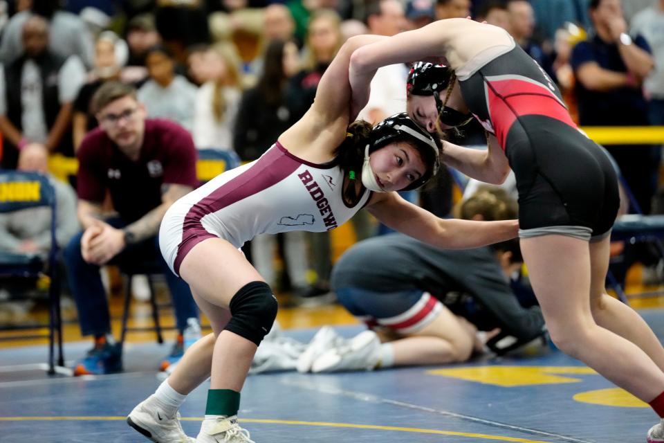 Francesca Gusfa, of Ridgewood, is shown on her way to defeating Olivia McCormick, of Lakeland, during the 100 pound match of the NJSIAA District Girls Region North 1 state finals, Sunday, February 25, 2024, in Vernon.