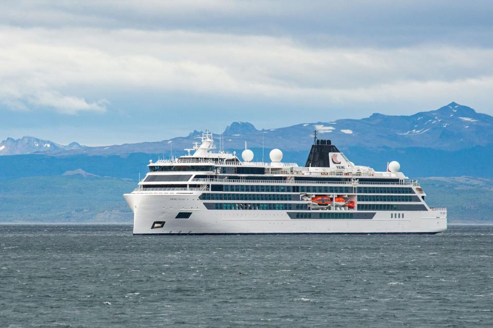 Viking Polaris is seen anchored in waters of the Atlantic Ocean in Ushuaia, southern Argentina, on Dec. 1, 2022. One person was killed and four other passengers were injured when a giant wave broke several panes of glass on a cruise ship sailing in Antarctic waters in a storm on Nov. 29.