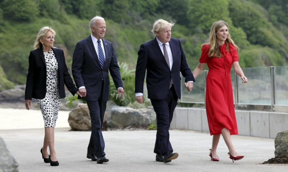 Boris Johnson and his wife, Carrie Johnson, with Joe Biden and the first lady, Jill Biden, in Carbis Bay, Cornwall