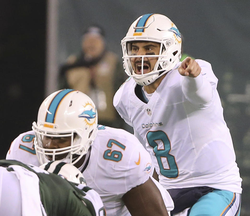 Miami Dolphins quarterback Matt Moore (8) shouts as he waits for the snap in the first half of an NFL football game against the New York Jets, Saturday, Dec. 17, 2016, in East Rutherford, N.J. (Charles Trainor /Miami Herald via AP)