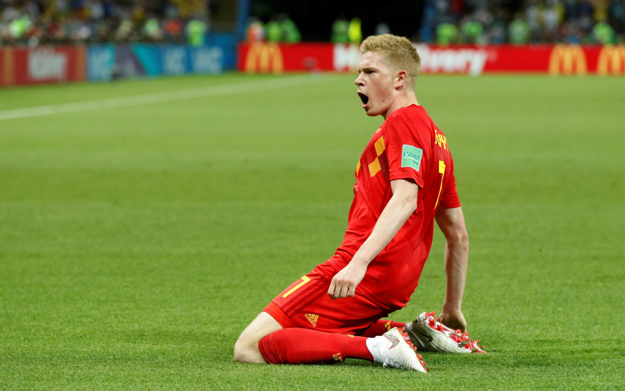 Kevin De Bruyne celebrates Belgium’s second goal against Brazil in the 2018 World Cup quarterfinals. (Reuters)