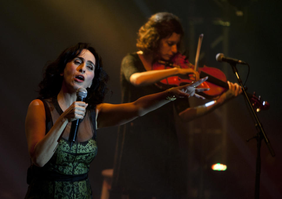 In this Saturday, June 16, 2012 photo, Rita, an Israeli singer of Iranian descent, performs in the city of Ashdod, Israel. Rita recently released an album entirely in the language of Israel's arch-enemy Iran, raising more than a few eyebrows in the country.(AP Photo/Ariel Schalit)