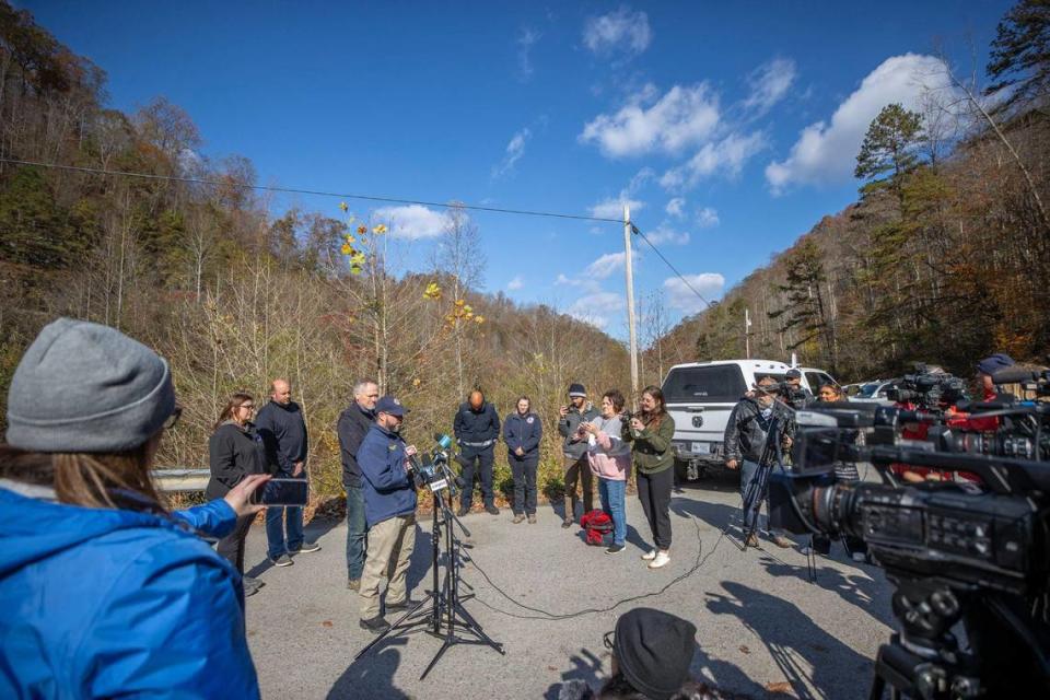 Kentucky Emergency Management Director Jeremy Slinker speaks to members of the media about the rescue operation underway for two workers trapped inside a collapsed coal preparation plant in Martin County, Ky., on Wednesday, Nov. 1, 2023. Officials confirmed one of the workers had died.