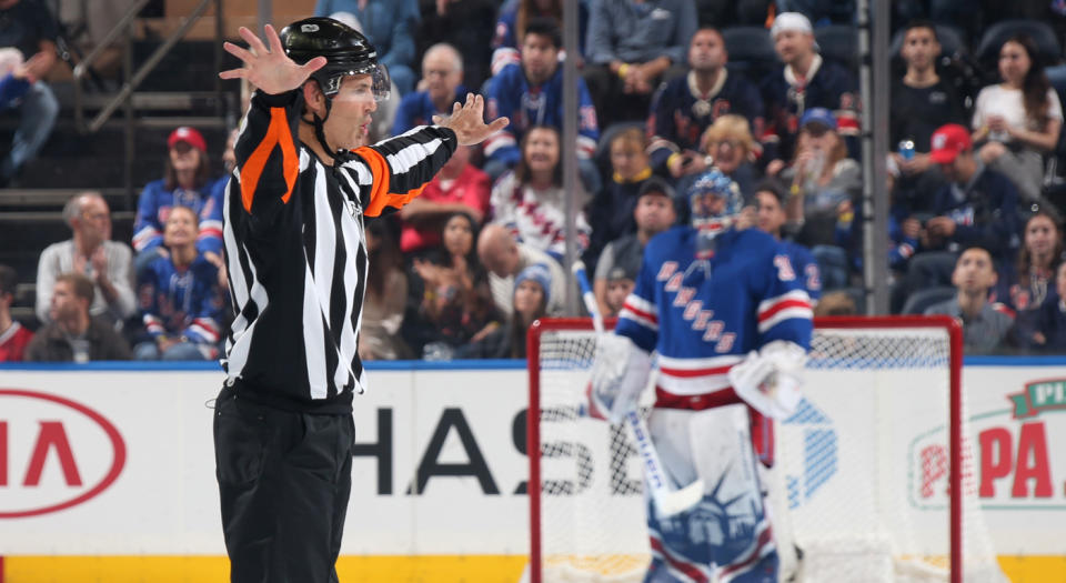 Wes McCauley is one of the best and maybe the most recognizable referee in the NHL today for his exuberance on the ice. (Photo by Jared Silber/NHLI via Getty Images)