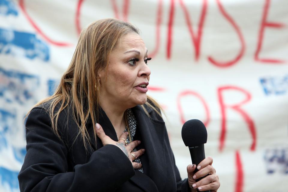 Housing advocate Lorraine Lopez speaks at a right-to-counsel rally outside Yonkers City Court March 24, 2023. Advocates are pushing for right-to-counsel legislation in Westchester County, which would give tenants in eviction proceedings access to legal representation in their cases.