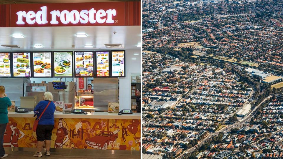 Pictured: Red Rooster store, aerial view of Sydney suburbs. Images: Getty