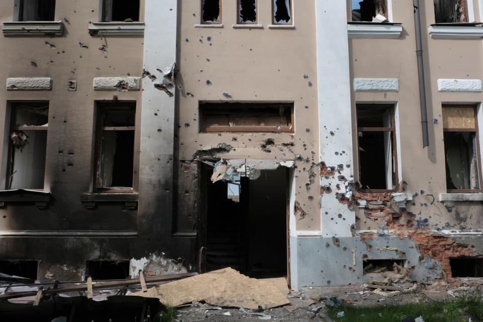 A former hospital building damaged by Russian shelling in Vovchansk, Kharkiv Oblast, on May 11, 2024. (Francis Farrell/The Kyiv Independent)