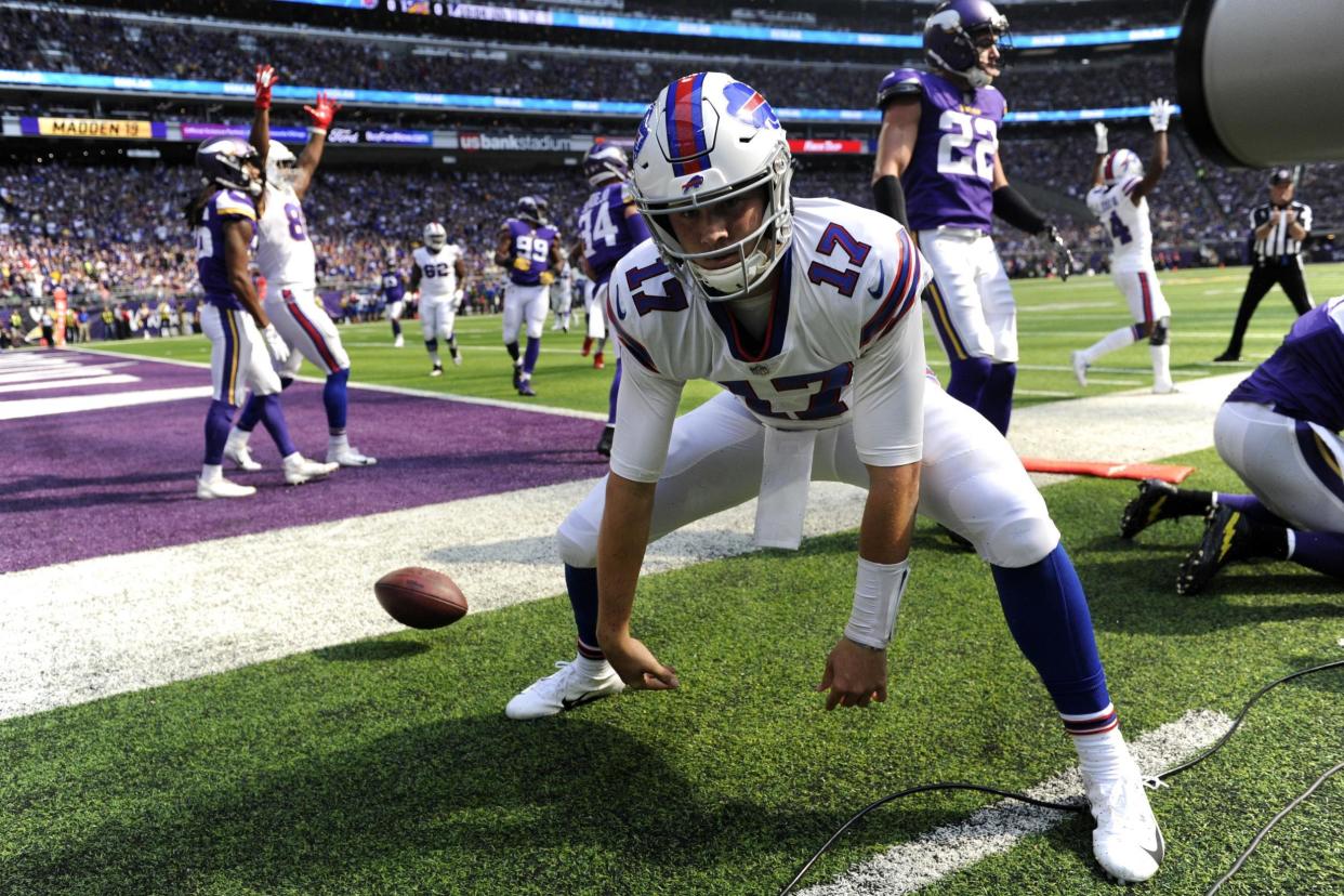 Upset: Josh Allen celebrates after scoring a touchdown against the Vikings: Getty Images