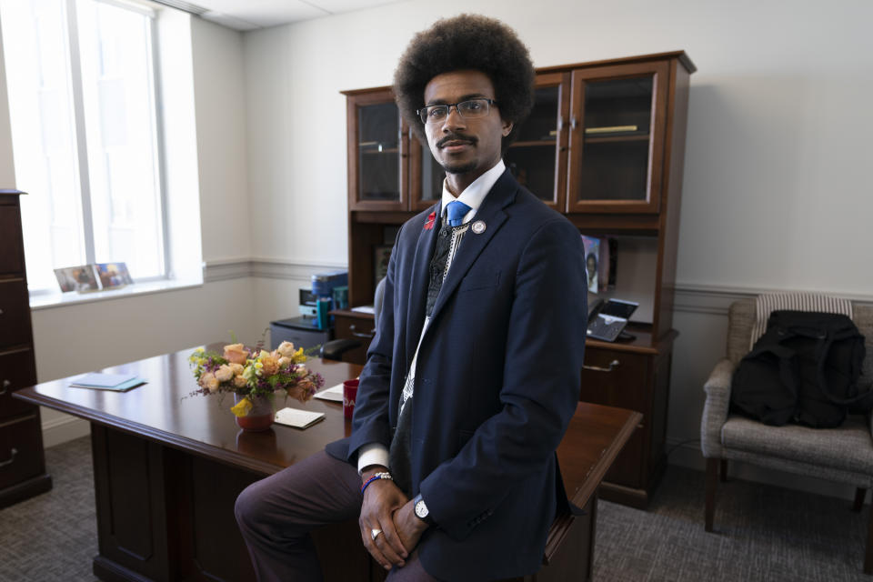 State Rep. Justin Pearson, D-Memphis, pose for a portrait at his office Monday, April 17, 2023, in Nashville, Tenn. (AP Photo/George Walker IV)