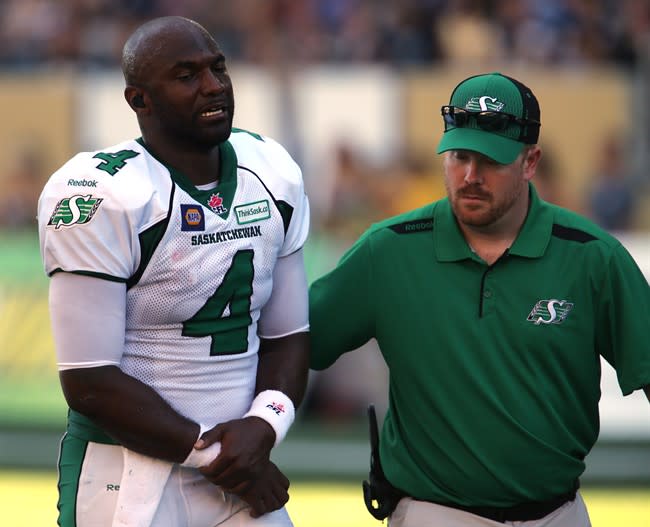 The Saskatchewan Roughriders' points, offensive yardage and passing yardage have plummeted more than anyone else's this year, and that may not get better now that quarterback Darian Durant is out. (Trevor Hagan/The Canadian Press)