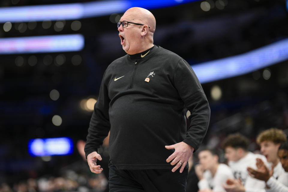 Wake Forest head coach Steve Forbes directs his team during the first half of an NCAA college basketball game against Notre Dame in the second round of the Atlantic Coast Conference tournament, Wednesday, March 13, 2024, in Washington.. (AP Photo/Nick Wass)