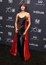 <p>The former ‘The Vampire Diaries’ actress cut a fashionable figure in a two-tone Ralph Lauren gown. <em>[Photo: Getty]</em> </p>