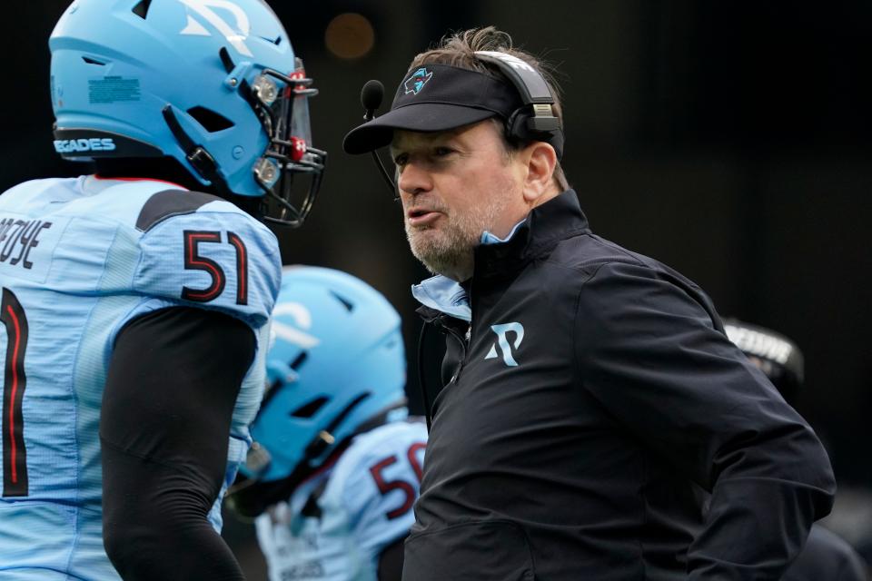 Feb 18, 2023; Arlington, TX, USA; Arlington Renegades head coach Bob Stoops stands on the sidelines during the first half against the Vegas Vipers at Choctaw Stadium. Mandatory Credit: Raymond Carlin III-USA TODAY Sports