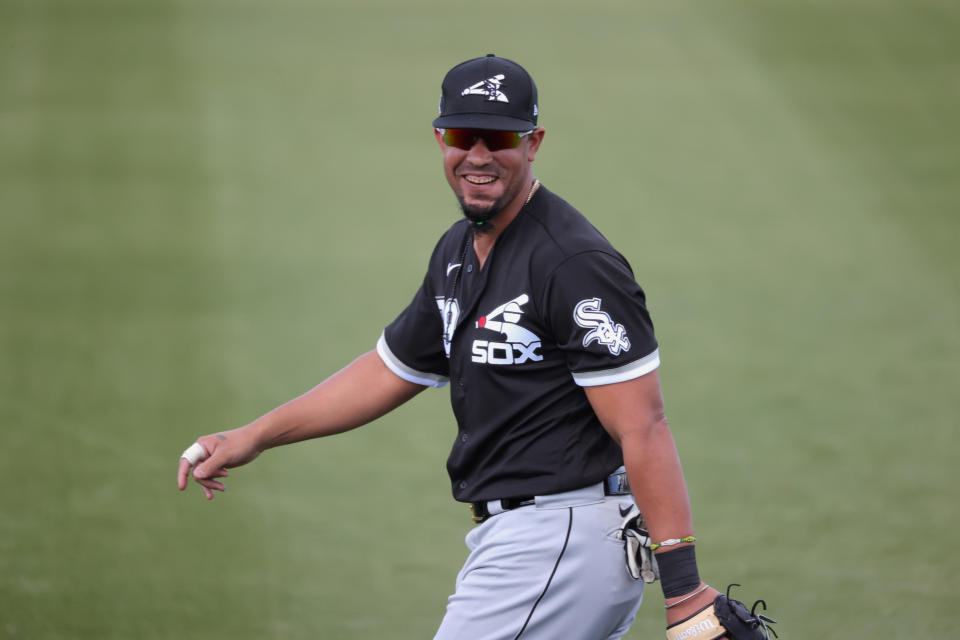 Jose Abreu looks on during the second inning of a spring training game.