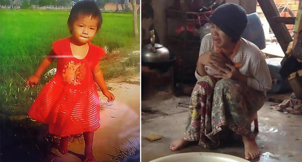 A split image showing the toddler on the left and her grieving mother on the right after the girl fell into a crocodile enclosure in Cambodia.