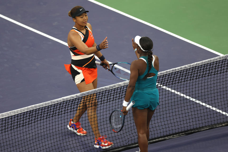 Naomi Osaka and Sloane Stevens, pictured here after their match at Indian Wells.