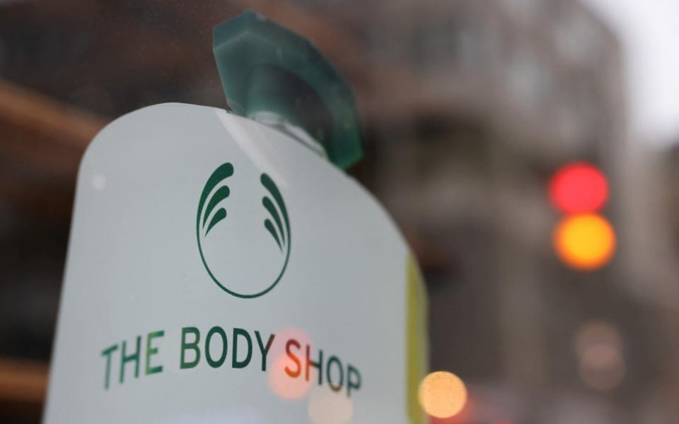 The Body Shop logo is seen at a closed store on Oxford Street, in London