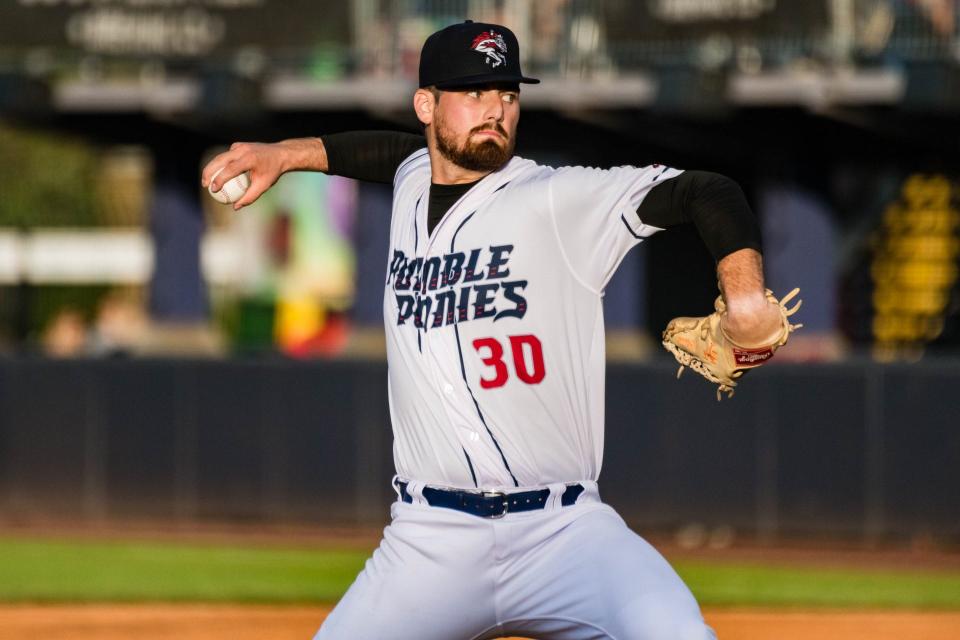 Tyler Stuart throws a pitch for the Binghamton Rumble Ponies during a game in the 2023 season.