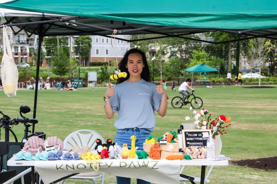 Weiwei Huang of Knotty Pawz crafts eco-friendly pet toys from recycled cotton rope. She is passionate about reducing textile waste and her dog, Xena.