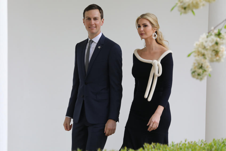 Jared Kushner and Ivanka Trump are seen at the White House on April 24. (Photo: LUDOVIC MARIN via Getty Images)