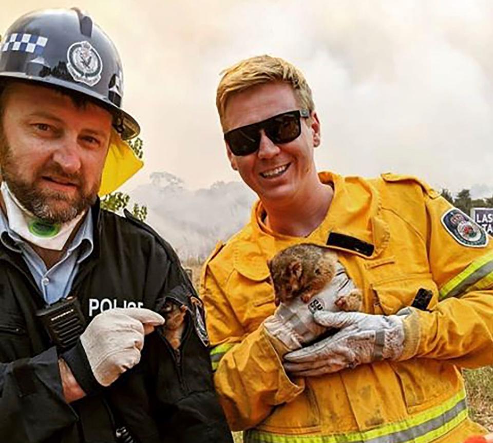 New South Wales Rural Fire Service firefighter and police officer hold a possum and her baby after they rescued them from under a car during the bushfires on New Year's Eve. (Photo: ASSOCIATED PRESS)