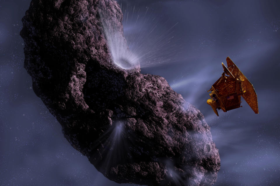 FILE - This 2005 file rendering by artist Pat Rawlings, released by NASA, shows the Deep Impact spacecraft's encounter with comet Tempel 1. After eyeing a comet for the past four years, a NASA spacecraft will finally make its move. The Stardust craft is expected to fly within 125 miles (200 kilometers) of comet Tempel 1 on Valentine's night, Monday, Feb. 14, 2011, snapping pictures of the surface. Tempel 1 was visited by another NASA probe in 2005 when Deep Impact fired a copper bullet into the comet, excavating a crater. (AP Photo/NASA, Pat Rawlings, File)