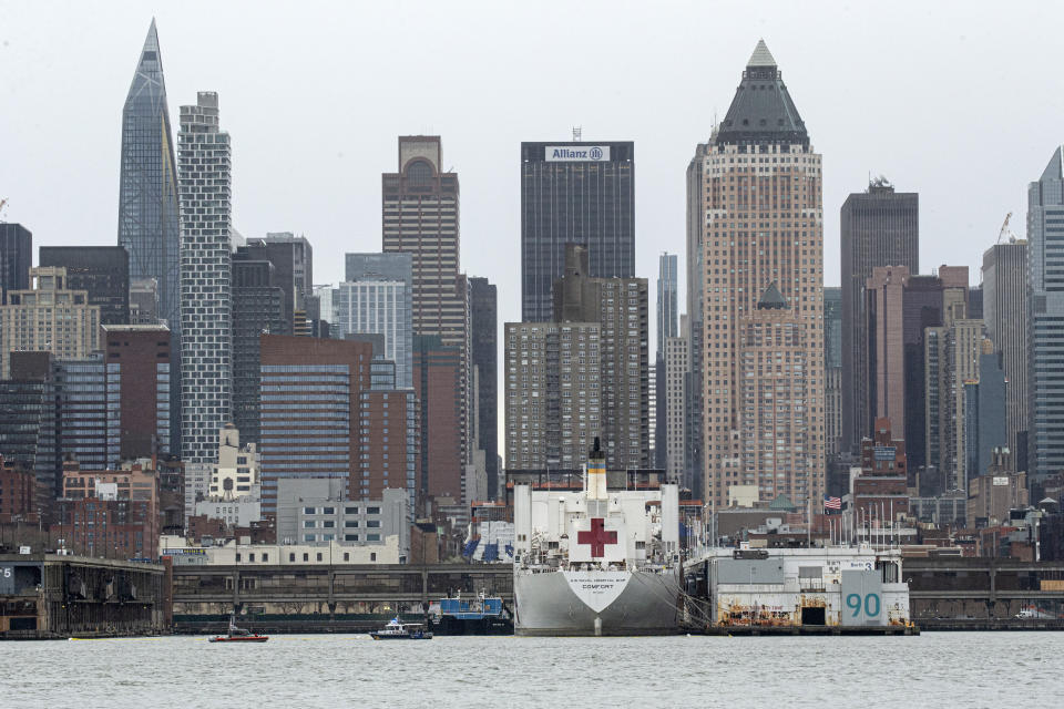 WEST NEW YORK, NJ - APRIL 03: The USNS Comfort navy hospital ship is docked at Pier 90 in Manhattan  on April 3, 2020  as seen from West New York, New Jersey. According to reports, the military hospital ship's 1,000 beds, expected to help overcrowded hospitals dealing with the city's COVID-19 outbreak, remain mostly unused. (Photo by Kena Betancur/Getty Images)