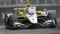 Colton Herta (26) drives during the IndyCar Detroit Grand Prix auto race in Detroit, Sunday, June 2, 2024. (AP Photo/Paul Sancya)