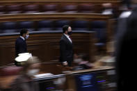 Vox party leader Santiago Abascal arrives for a parliamentary session in Madrid, Spain, Wednesday Oct. 21, 2020. Spanish Prime Minister Pedro Sanchez faces a no confidence vote in Parliament put forth by the far right opposition party VOX. (AP Photo/Manu Fernandez, Pool)